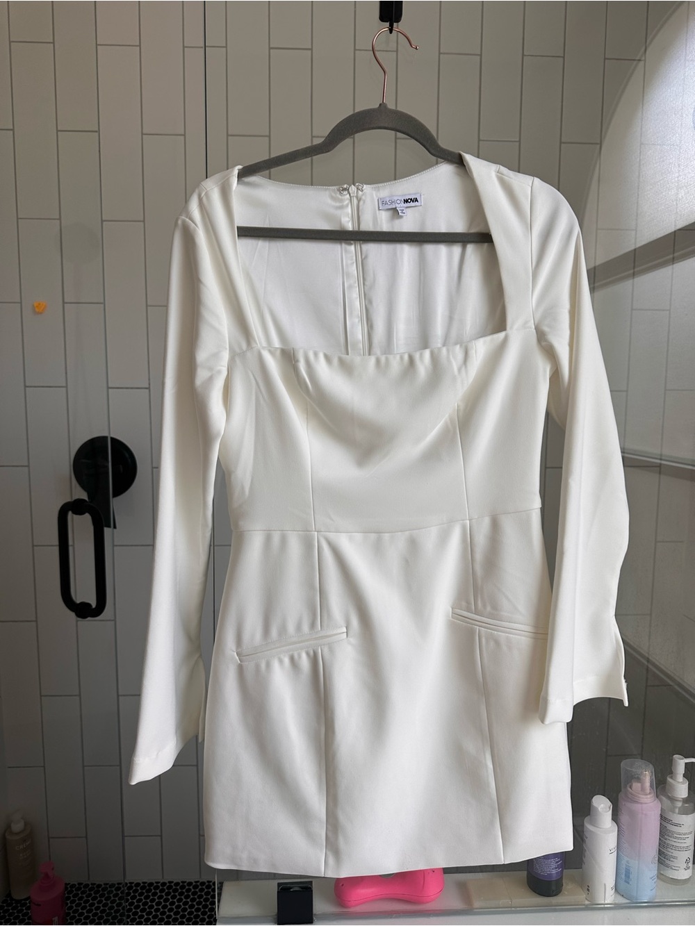 Fashion Nova White Long Sleeve Square Neck Mini Dress